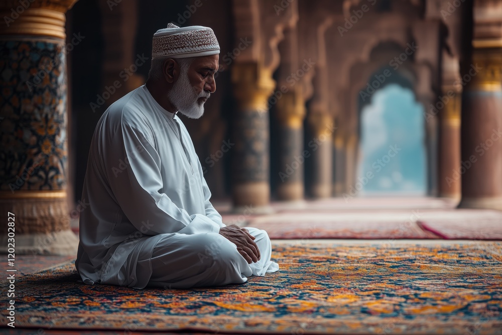 A man praying on a prayer rug, Ramadan A man praying on a prayer rug, Ramadan