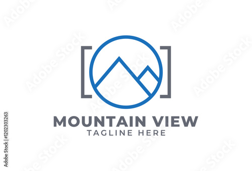 Minimal Mountain Landscape Logo. Focus Outline Square Lens Frame. brand identity Logotype for Adventure, Outdoor, Nature Photography, Expedition, explore, rock, extreme. Photographer Logo Design