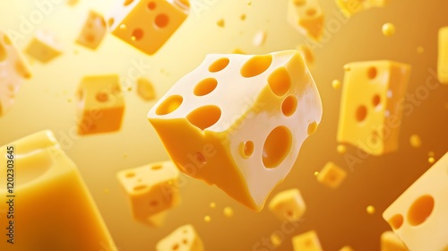 A 3D abstract rendering of floating cheese cubes and slices