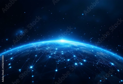 Glowing blue Earth horizon with digital network connections across globe surface. Global technology and communication concept for worldwide business. Space background with stars