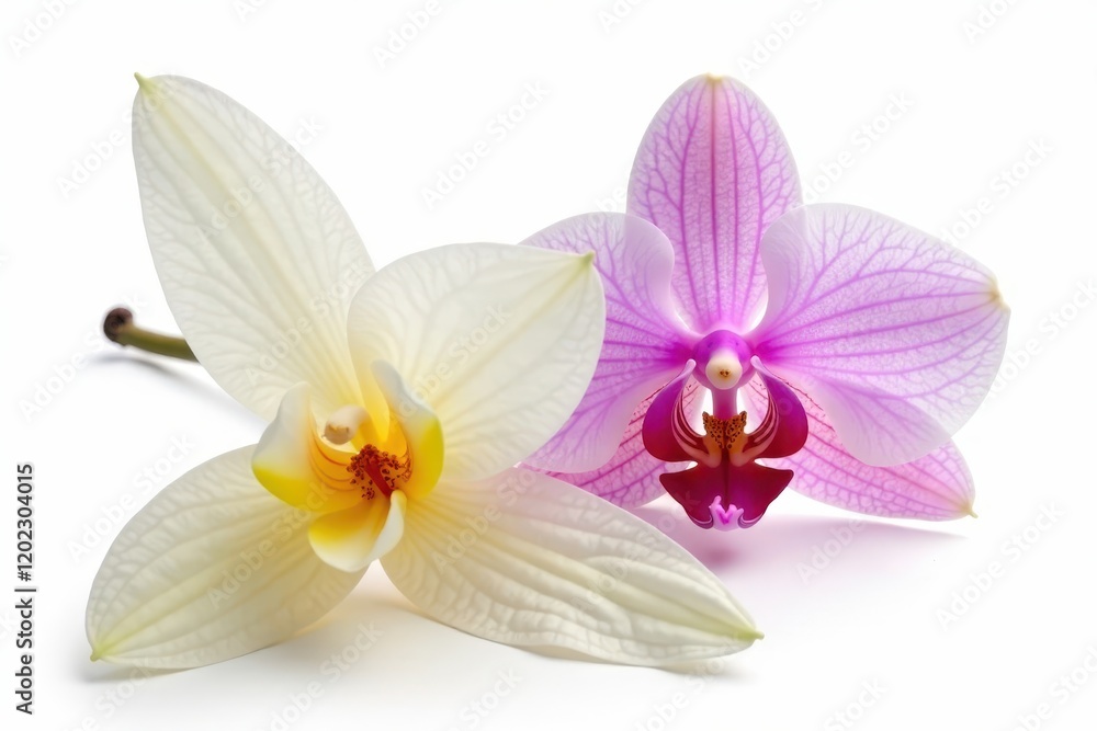 Fototapeta premium Isolated vanilla pod and orchid bloom against plain white background, plant, fruit