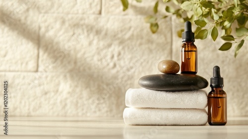 A tranquil spa setting with essential oil bottles, spa stones, and neatly folded white towels set against a natural backdrop, inspiring relaxation and wellness at home. photo