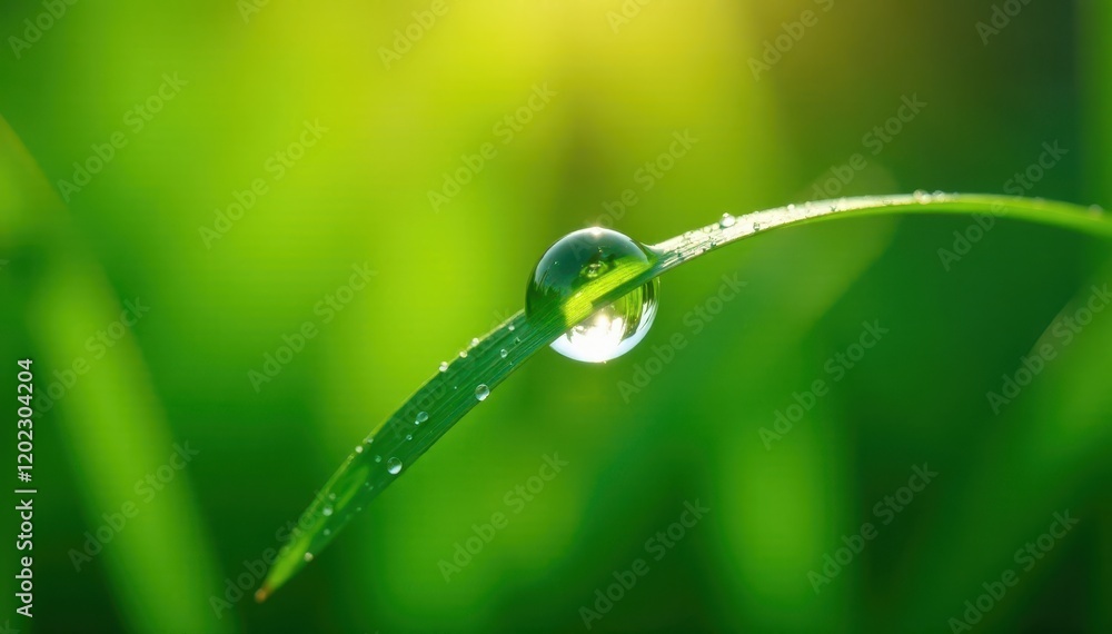 Large dewdrop reflecting sunlight on a lush green blade of grass, environment, photography Large dewdrop reflecting sunlight on a lush green blade of grass, environment, photography