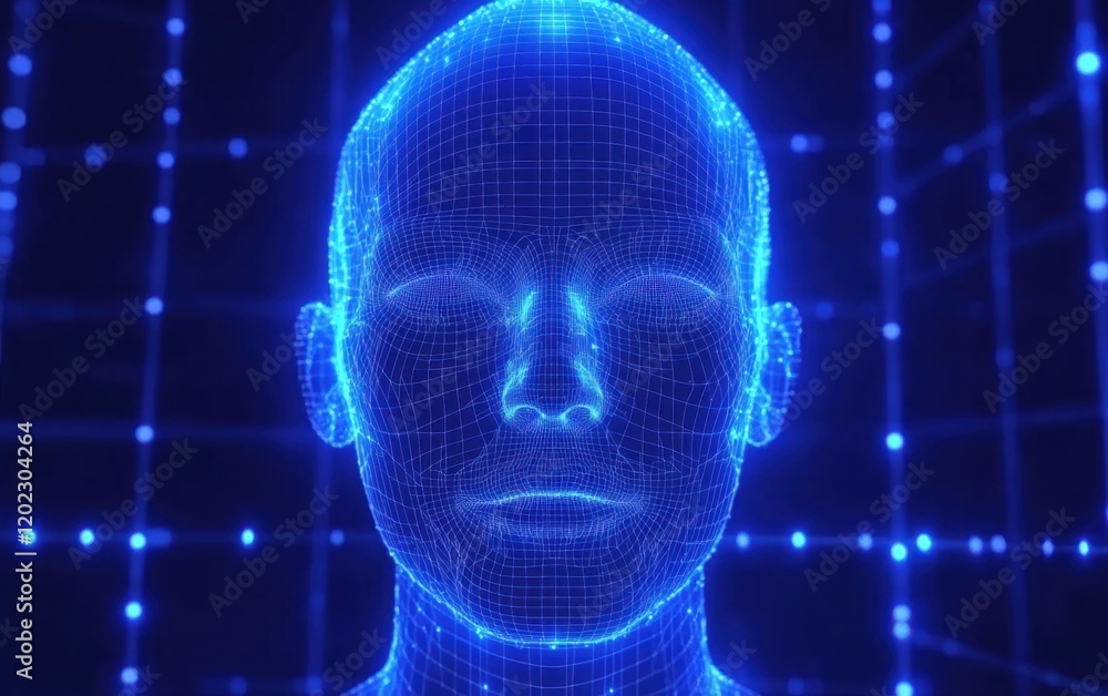 Abstract human head polygonal wireframe on a blue background with glowing dots and lines, representing the concept of artificial intelligence and digital technology Generative AI Abstract human head polygonal wireframe on a blue background with glowing dots and lines, representing the concept of artificial intelligence and digital technology Generative AI