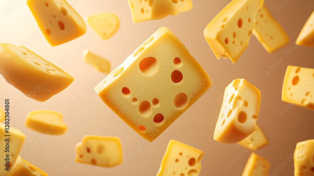 A 3D abstract rendering of floating cheese cubes and slices A 3D abstract rendering of floating cheese cubes and slices