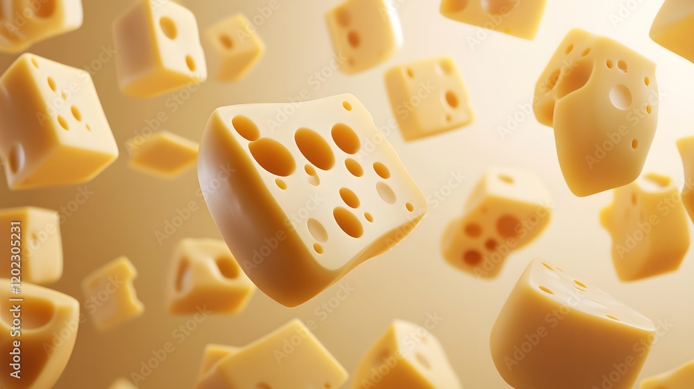 A 3D abstract rendering of floating cheese cubes and slices A 3D abstract rendering of floating cheese cubes and slices
