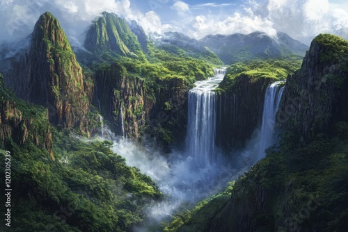 Tropical waterfalls surrounded by lush mountains