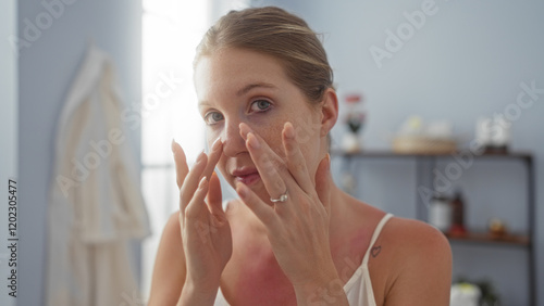 Photos Young, blonde woman applying cream on her face in an indoor spa room decorated with wellness products and soft lighting