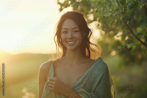 Woman holding ethicallysourced linen dress in serene nature setting photo