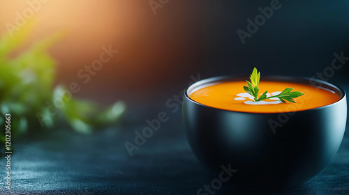 A vibrant bowl of tomato soup garnished with fresh herbs, showcasing a rich color and inviting presentation. photo