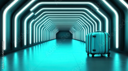 A modern, glowing tunnel features a lone turquoise suitcase, symbolizing travel and adventure. The scene is bathed in a moody and futuristic teal light ambiance. photo