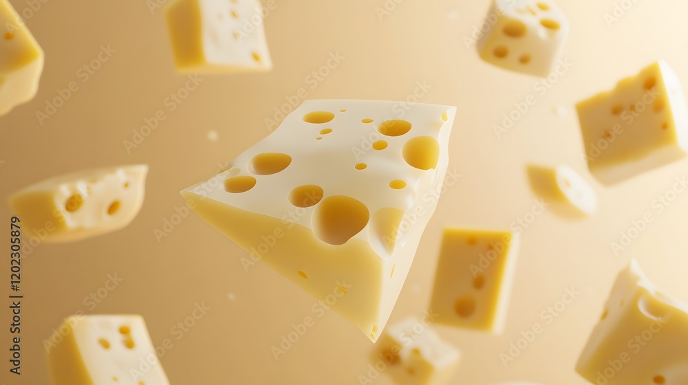 A 3D abstract rendering of floating cheese cubes and slices A 3D abstract rendering of floating cheese cubes and slices