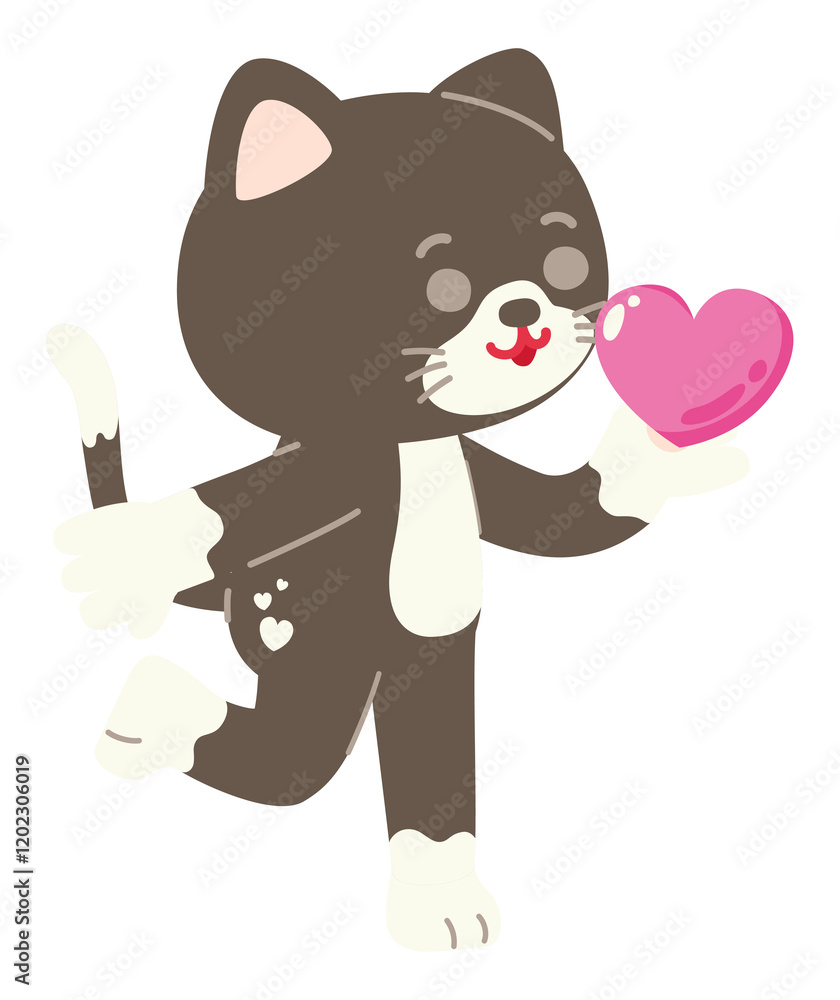 Obraz premium Tuxedo Cute Cat Character in Valentine's Day With Love Sweet Elements Decoration