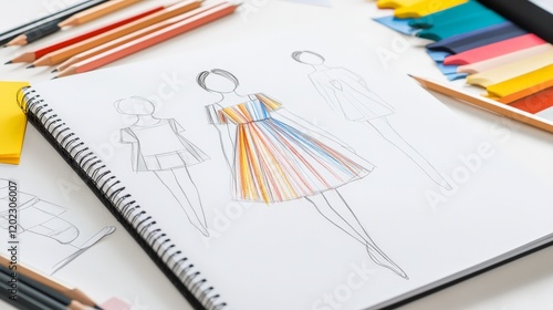 Fashion designer drawing colorful women's dress sketches on a sketchbook using colored pencils and markers, surrounded by design tools and materials on a white table photo