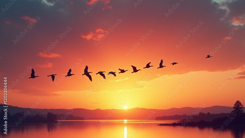 Fototapeta premium Migratory birds flying in a V-formation against a vivid sunset sky, with warm hues, mirrored reflections on a lake, and a sense of nature's unity.