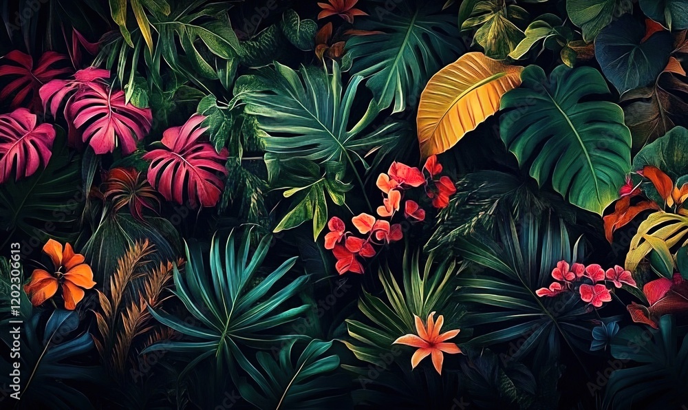 Fototapeta premium A dark jungle with vibrant tropical plants and flowers, leaves in various shapes and sizes