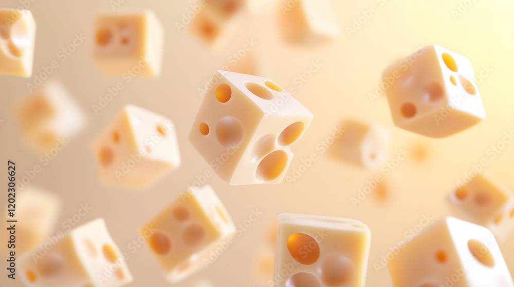 A 3D abstract rendering of floating cheese cubes and slices A 3D abstract rendering of floating cheese cubes and slices