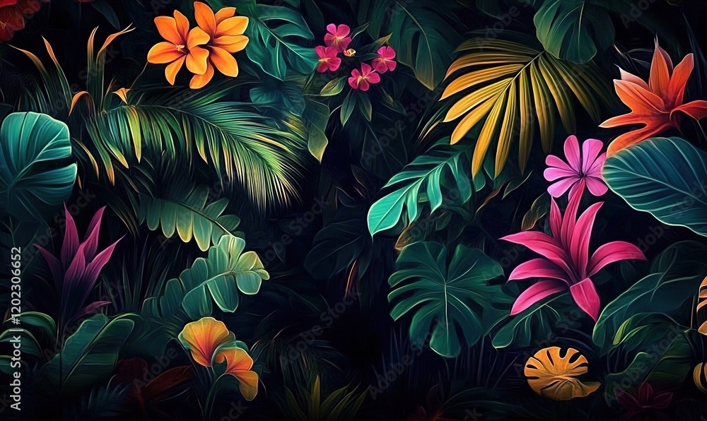 A dark jungle with vibrant tropical plants and flowers, leaves in various shapes and sizes A dark jungle with vibrant tropical plants and flowers, leaves in various shapes and sizes