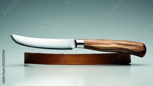 A finely crafted knife with a wooden handle rests on a sleek leather strap, showcasing its rustic charm and craftsmanship, ideal for culinary or display purposes. photo