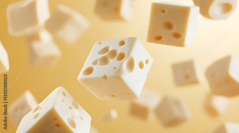 A 3D abstract rendering of floating cheese cubes and slices A 3D abstract rendering of floating cheese cubes and slices