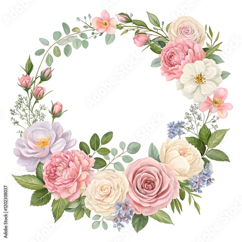 Floral Wreath Frame: Elegant watercolor painting of a circular floral wreath, featuring a variety of pastel-colored roses, delicate blossoms, and lush greenery. Perfect for wedding invitations.