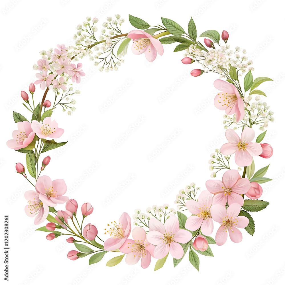 Floral Wreath: Delicate pink blossoms and white flowers arranged in a beautiful circular wreath, perfect for spring or wedding themes. The lush greenery adds a touch of elegance. Floral Wreath: Delicate pink blossoms and white flowers arranged in a beautiful circular wreath, perfect for spring or wedding themes. The lush greenery adds a touch of elegance.
