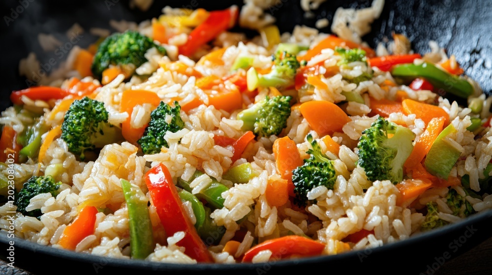 Rice and vegetables in a stir-fry. Featuring a colorful stir-fry with rice and vegetables. Highlighting healthy eating and vibrant flavors. Ideal for culinary and health food visuals. Rice and vegetables in a stir-fry. Featuring a colorful stir-fry with rice and vegetables. Highlighting healthy eating and vibrant flavors. Ideal for culinary and health food visuals.
