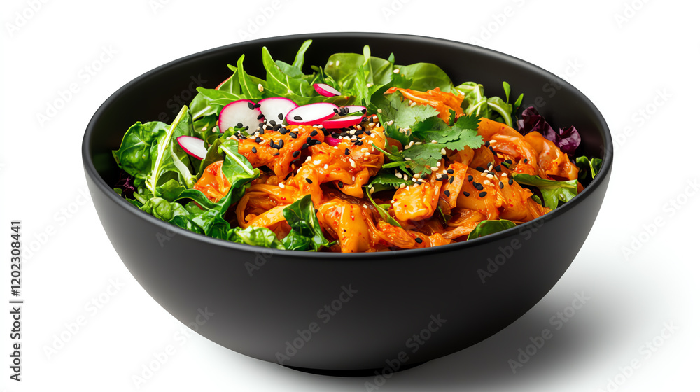 A vibrant salad bowl featuring fresh greens, sliced radishes, and tender chicken, garnished with sesame seeds for a healthy meal. A vibrant salad bowl featuring fresh greens, sliced radishes, and tender chicken, garnished with sesame seeds for a healthy meal.