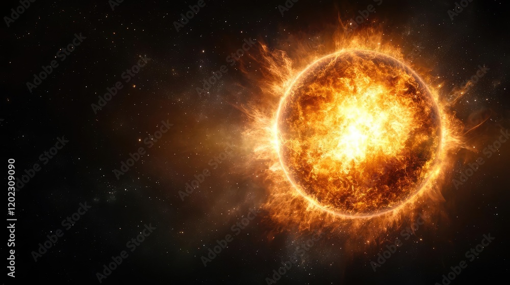 Fototapeta premium Fiery star in space, cosmic energy, stellar explosion, dark background, science fiction