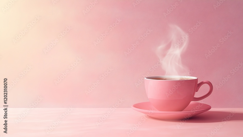 Fototapeta premium Photo of a pink cup with steam rising from it on a solid background, representing the warmth and energy associated with coffee.