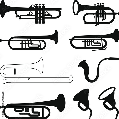 Trumpet Icons Set, Brass instruments icon set. trombone, tuba, bugle, French horn silhouette sign symbl vector illustration