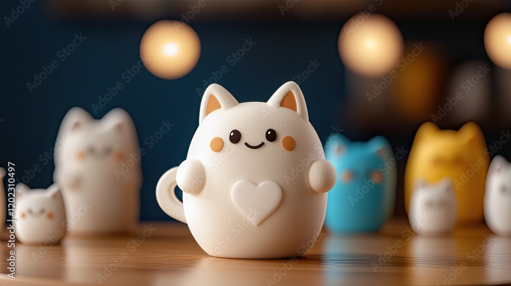Playful cat figurines on wooden table whimsical decor indoor setting cute design perspective Playful cat figurines on wooden table whimsical decor indoor setting cute design perspective