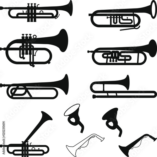 Trumpet Icons Set, Brass instruments icon set. trombone, tuba, bugle, French horn silhouette sign symbl vector illustration