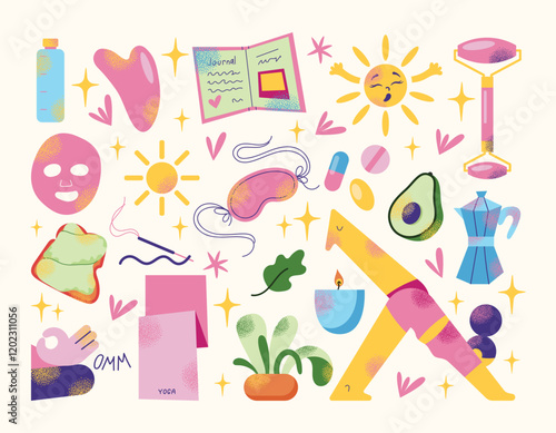 Wellness and self-care items morning routine with yoga, skincare, and healthy lifestyle elements. Flat cartoon style vector illustration. Self-care and mindfulness connect