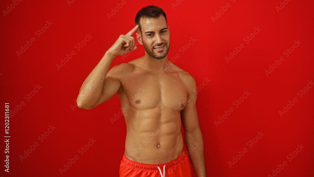 Handsome hispanic man shirtless over a red background smiling and pointing at his head Handsome hispanic man shirtless over a red background smiling and pointing at his head