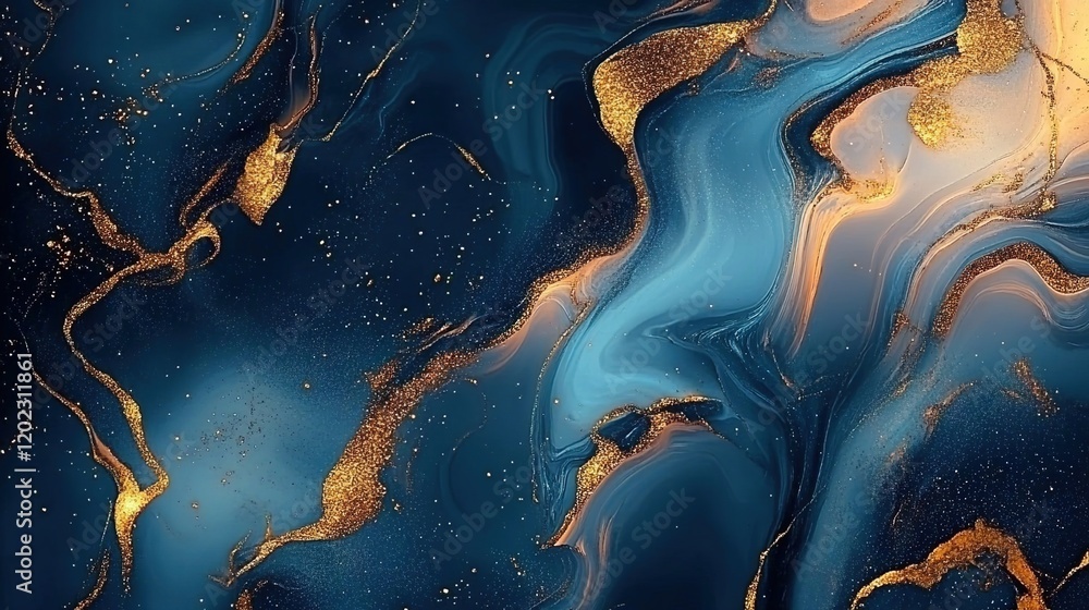 Abstract blue and gold marble background, featuring fluid shapes with golden veins Abstract blue and gold marble background, featuring fluid shapes with golden veins