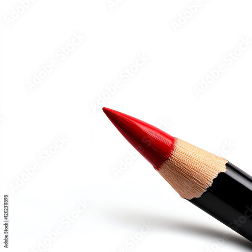 Close-up of a sharpened red colored pencil against a clean white background, perfect for art and creativity themes. photo