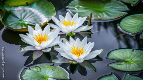 Lotus Flowers Blooming on Tranquil Water Surface photo