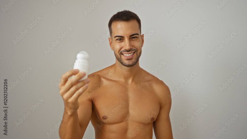 Fototapeta premium Young hispanic man with beard holding deodorant over isolated white background