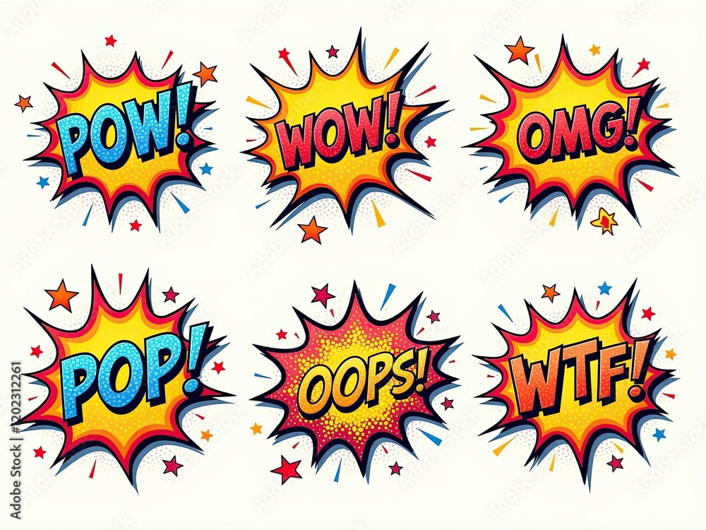 Fototapeta premium A collection of vibrant comic-style speech bubbles featuring different exclamations like