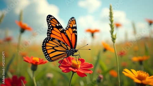 A monarch butterfly rests on a vibrant flower in a sunlit meadow, its orange and black wings open, surrounded by dew-kissed petals and gentle greenery.