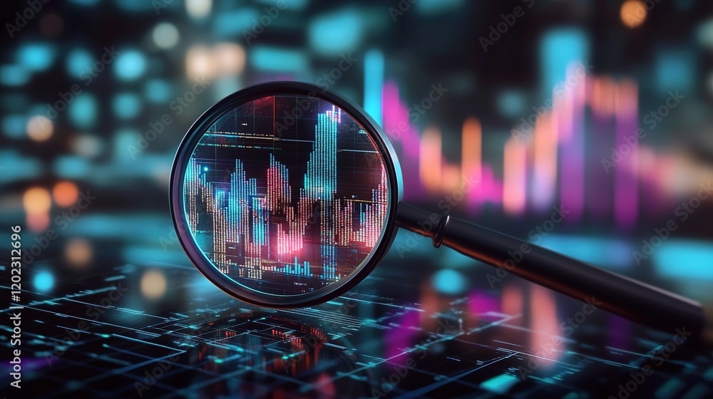 A magnifying glass hovers over digital graphs and charts, symbolizing data analysis in stock market trading. A magnifying glass hovers over digital graphs and charts, symbolizing data analysis in stock market trading.