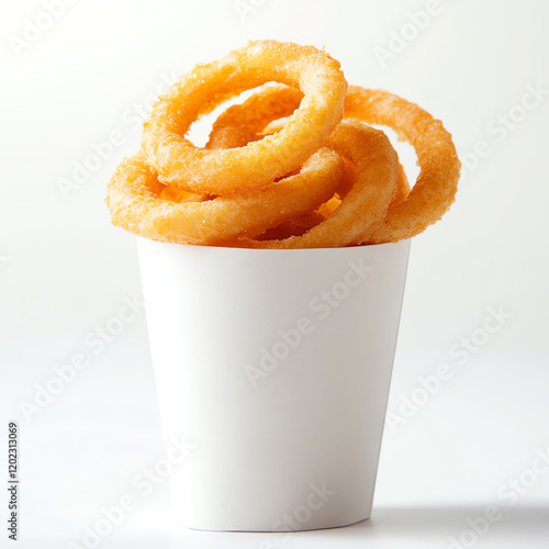 Crispy and golden onion rings served in a white cup, perfect for snacking or as a side dish. photo