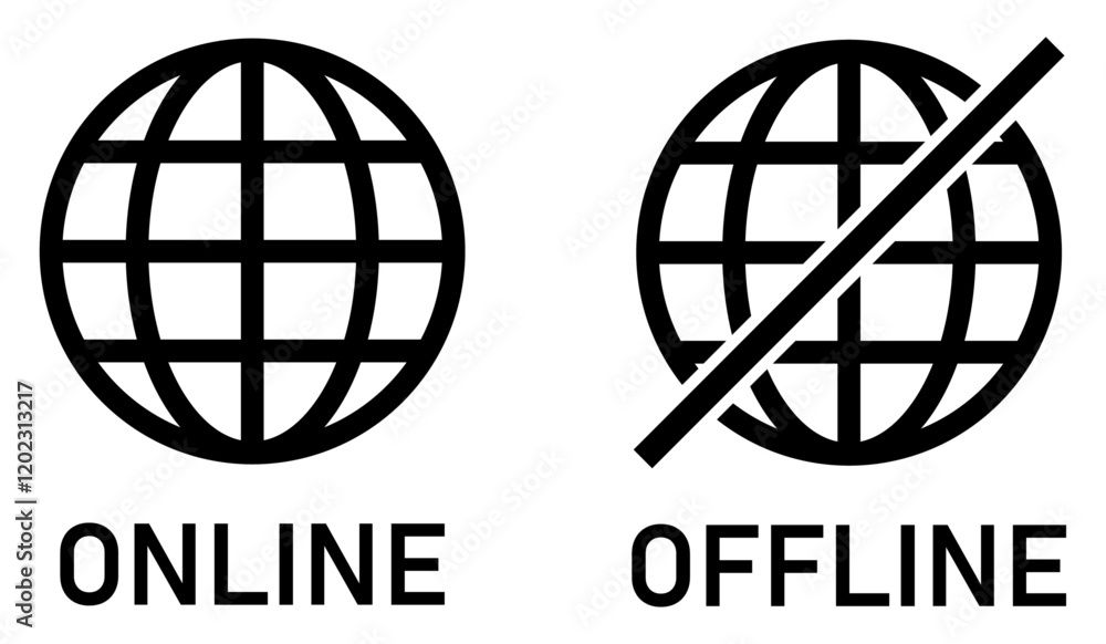 Globe icon with no signal and good signal sign symbol. Set of online and offline internet connection icons black color. Internet connection online and offline sign. Flat design. Vector illustration. Globe icon with no signal and good signal sign symbol. Set of online and offline internet connection icons black color. Internet connection online and offline sign. Flat design. Vector illustration.