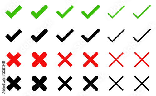 Check mark v and cross x icons collection. True and false sign symbol. Tick mark and cross mark icons. Correct and incorrect sign symbol. Yes or no tick choose to sign isolated. Vector illustration.