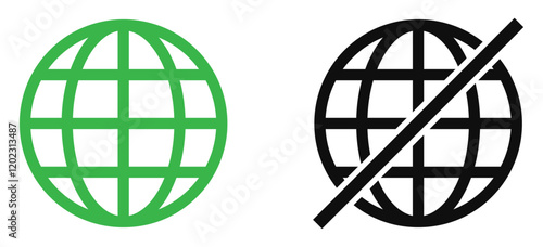 Internet connection online and offline sign icon. Set of online and offline internet connection icons green and black color. Globe icon with no signal and good signal sign symbol. Vector illustration.