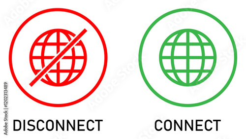 Set of connect and disconnect internet connection icons. Globe icon with no signal and good signal sign symbol. Internet connection online and offline sign icon. Vector illustration.