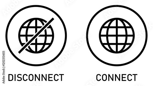 Set of online, offline, connect, and disconnect internet connection icons black. Globe icon with no signal and good signal sign symbol. Internet connection online and offline. Vector illustration.