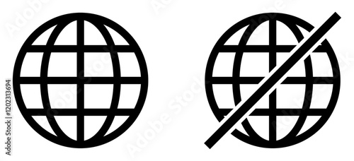 Internet connection online and offline sign. Set of online and offline internet connection icons black color. Globe icon with no signal and good signal sign symbol. Flat style. Vector illustration.