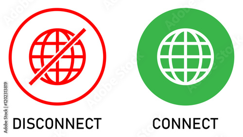 Set of online, offline, connect, and disconnect internet connection icons. Globe icon with no signal and good signal sign symbol. Internet connection online and offline sign icon. Vector illustration.